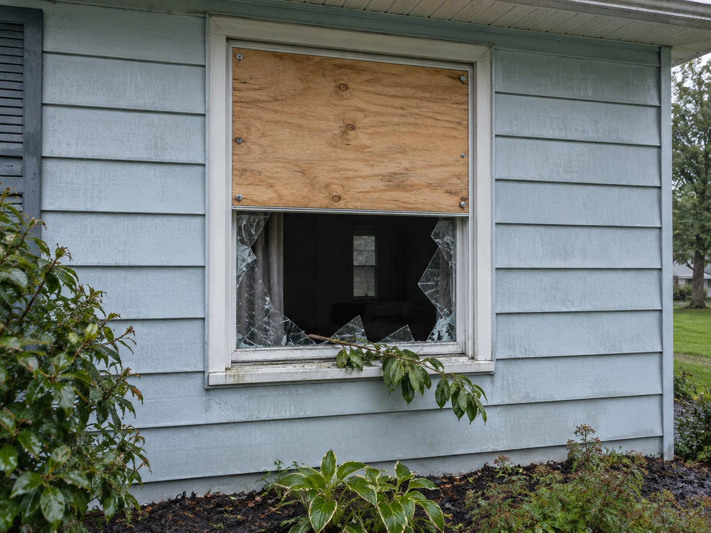 A storm-broken window on a Bridgewater, New Jersey ranch house, half covered with a screwed-down plywood board and half showing shattered glass