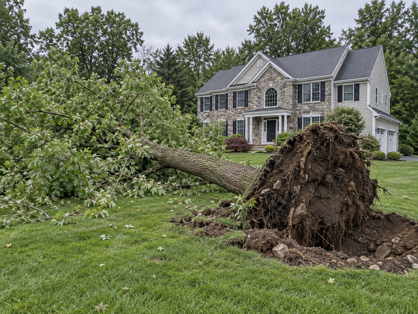 An uprooted deciduous tree lying on a lawn with its torn root plate upturned beside a side-load garage in Bridgewater, New Jersey
