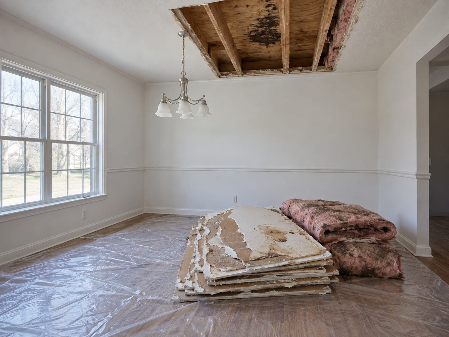 Room in a Robbinsville, New Jersey house with an opened ceiling, exposed joists and wet drywall and insulation stacked on plastic sheeting