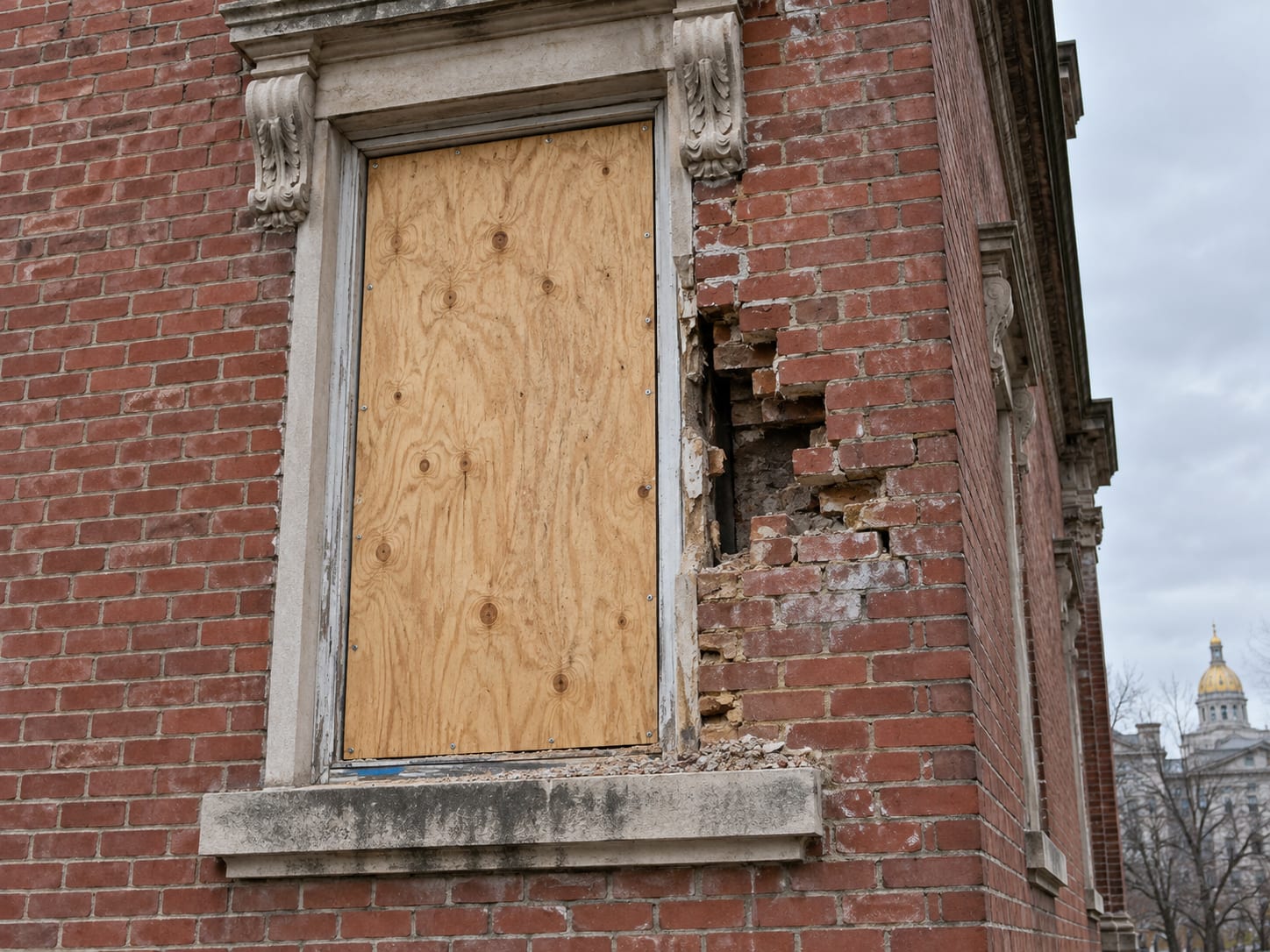 A plywood panel over a window with a stone lintel and a patch of loose brick and mortar on a historic rowhouse wall in Trenton, New Jersey
