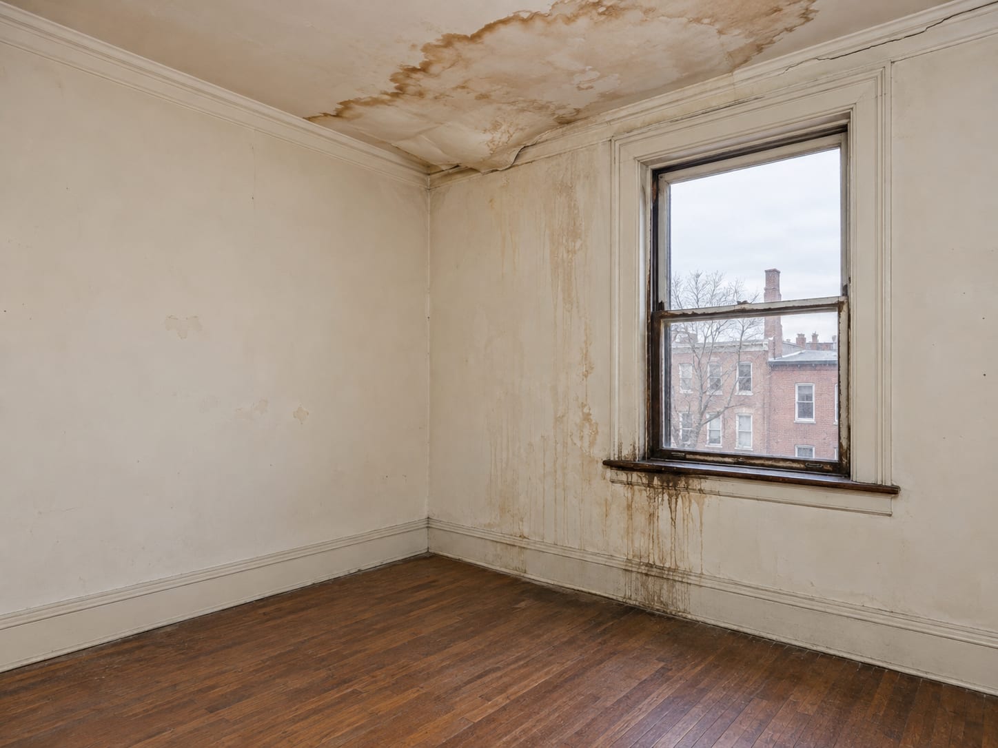 A stained and bulging plaster ceiling and damp window sill in an upper room of an old rowhouse in Trenton, New Jersey