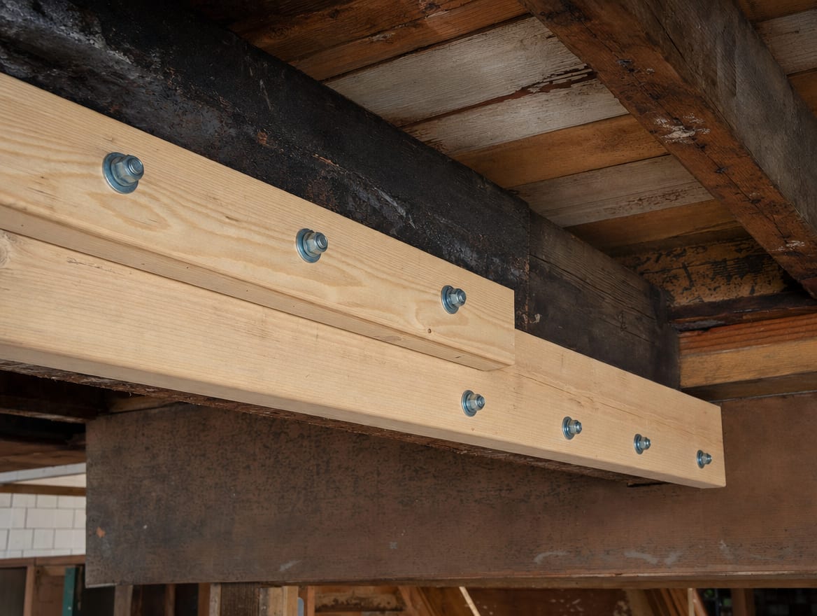 Fresh dimensional lumber bolted as sister joists alongside a cleaned original member in a Deal home, reinforcing framing that was sound enough to keep