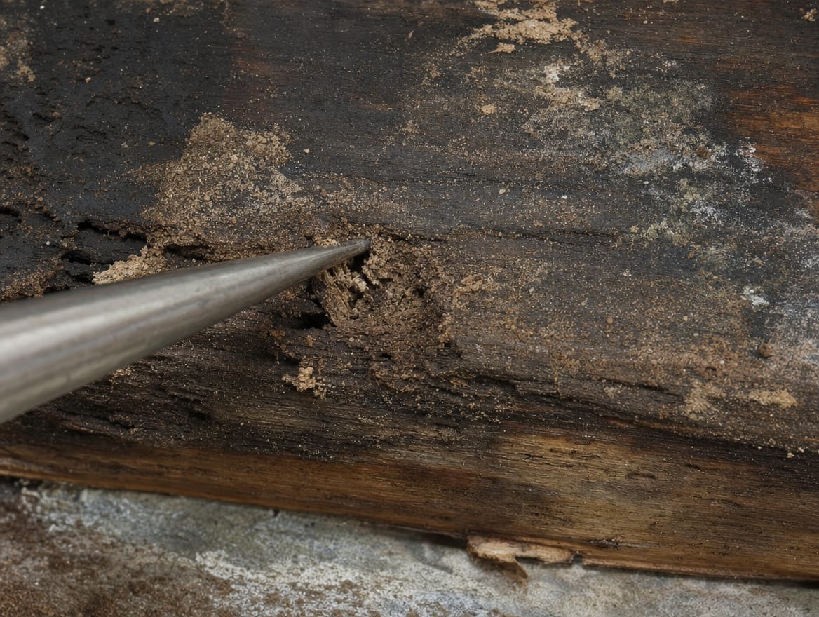 A steel probe pressed into a darkened floor joist in a Deal home, testing whether the stained wood is sound or has softened into decay