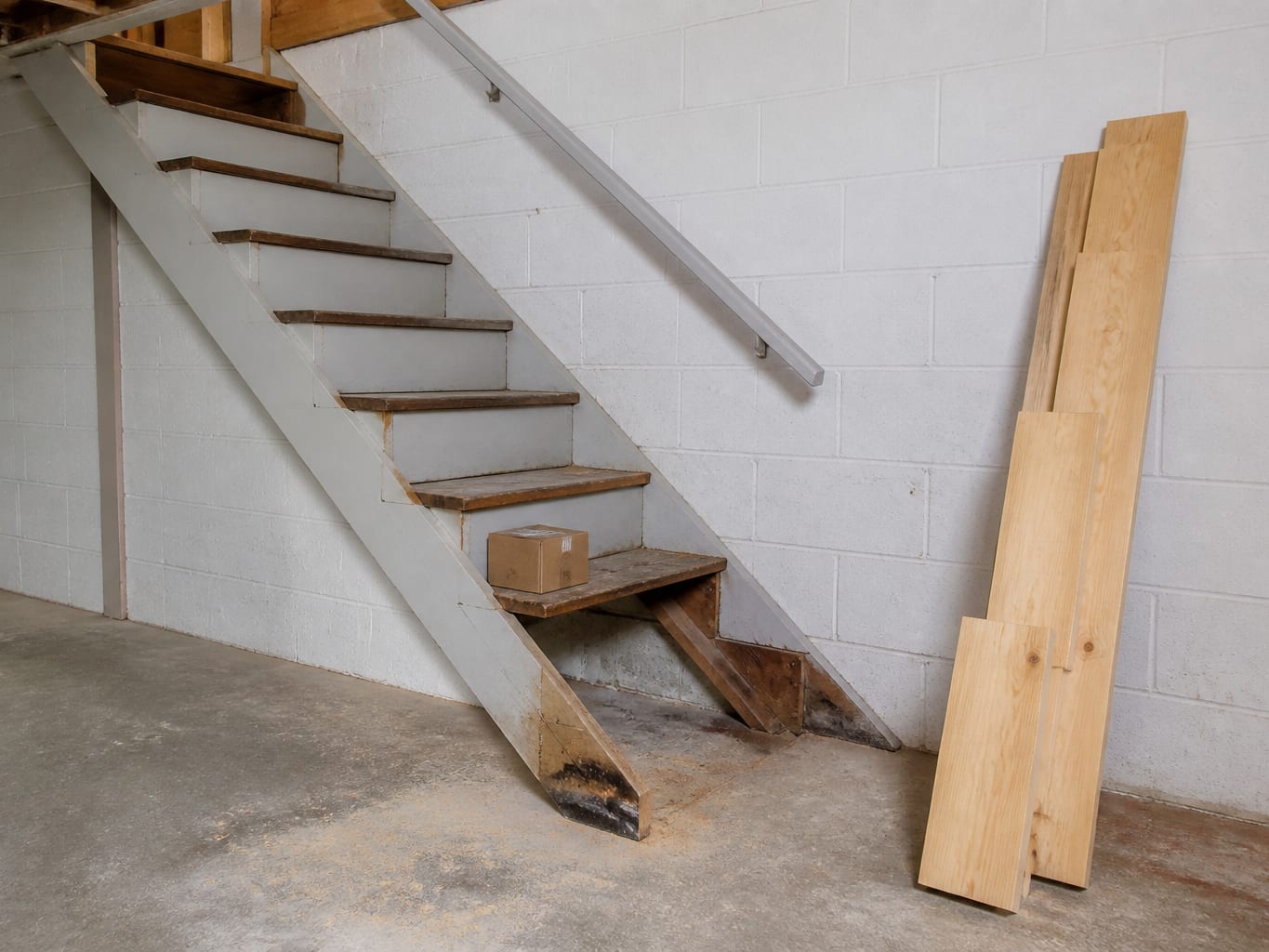 A basement stair in a Livingston home with the skirt board and two treads removed, exposing a darkened stringer where it bears on the slab and a replacement section staged nearby