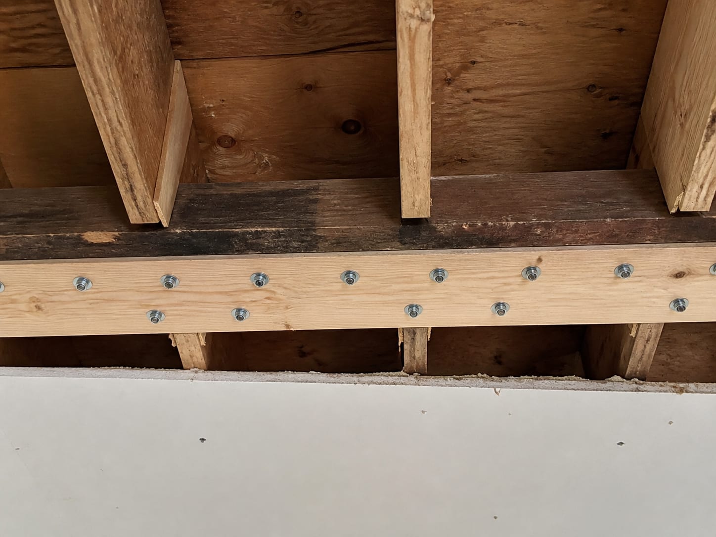 A darkened sawn timber joist with a pale new sister member bolted alongside it in a staggered pattern of bolts, seen from below through an opened ceiling, in Plainsboro, New Jersey
