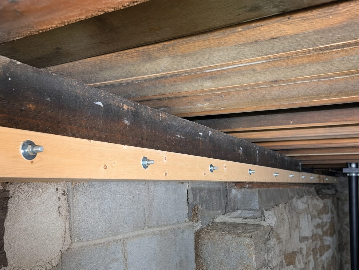 A cleaned original joist with a new sister joist bolted alongside it in a Princeton Junction townhouse basement, the shared member reinforced rather than replaced