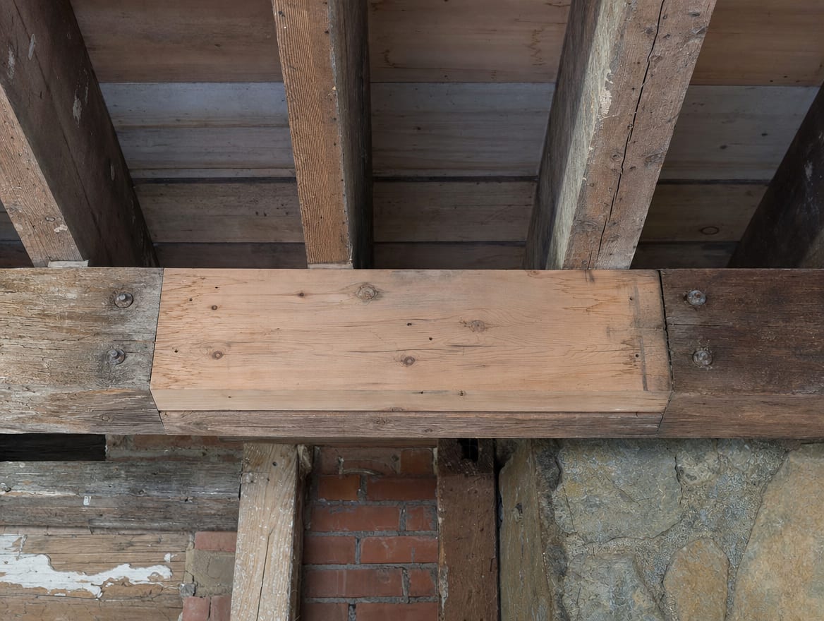 A replaced framing member matched in species and full dimension spliced into historic Princeton framing where the original had failed