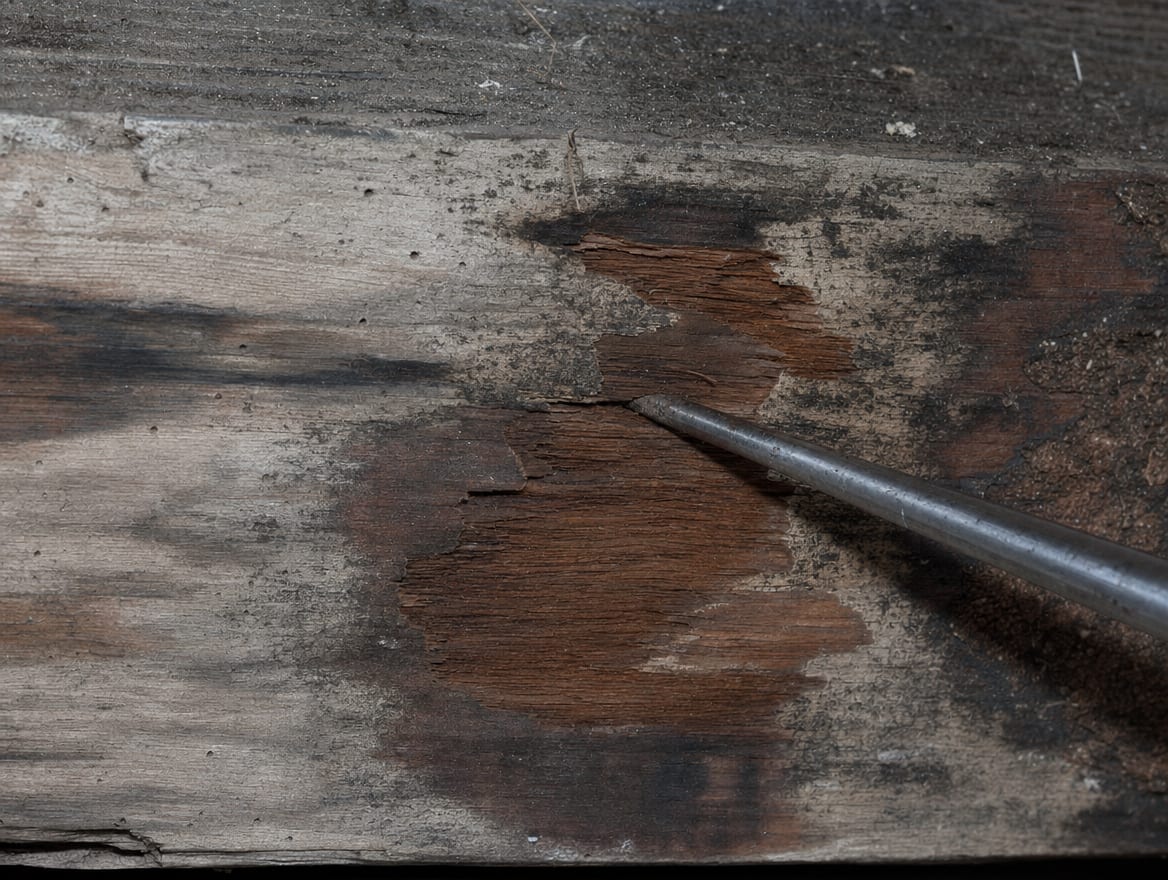 A probe pressed into a stained full-dimension old-growth joist in a Princeton home, checking whether the dense historic wood is still sound beneath the surface