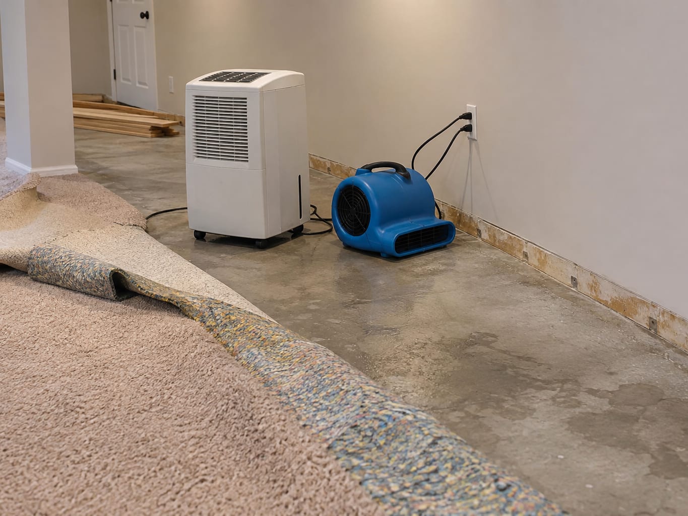 A portable dehumidifier and a low air mover drying a basement wall with the carpet pad pulled back, in a house in Bridgewater, New Jersey