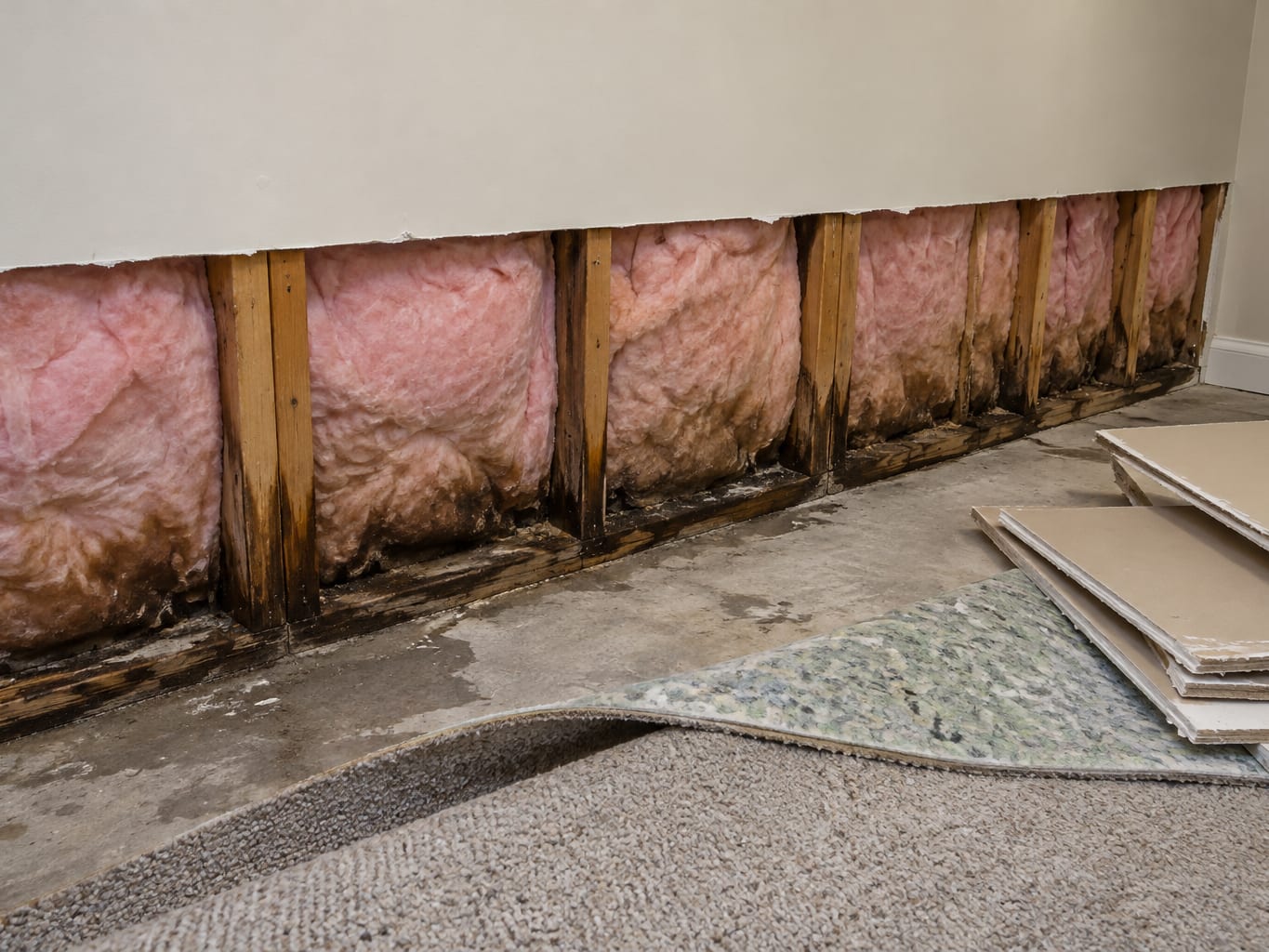 A basement wall opened at the base with wet fibreglass insulation and studs exposed, in a house in Bridgewater, New Jersey