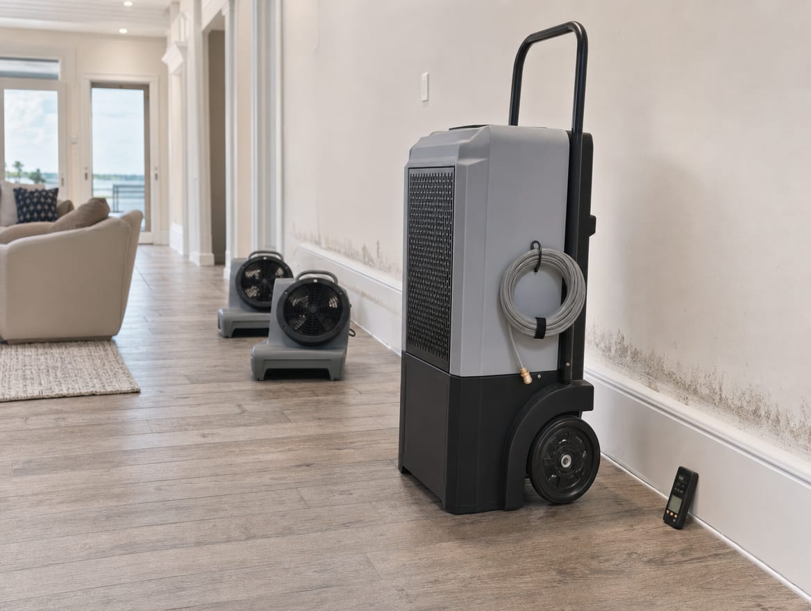 A dehumidifier and air movers drying a finished lower level after coastal water intrusion in a Deal home