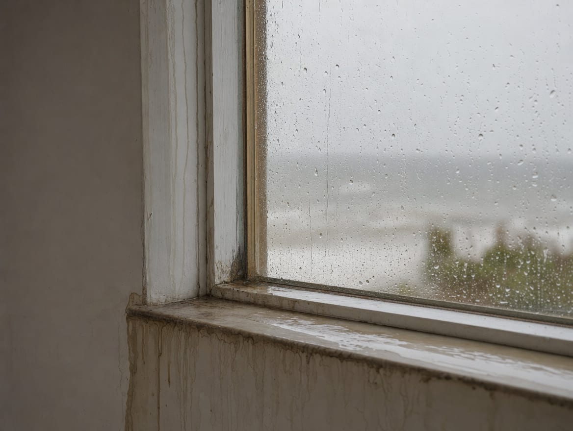 Storm water tracking down the wall and sill from a window frame in a Deal oceanfront home