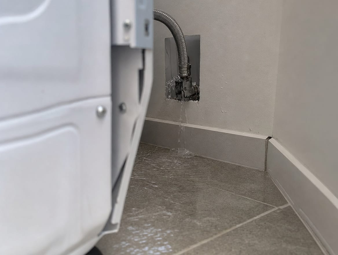 A failed washing-machine supply line leaking water across the floor of a modern laundry closet