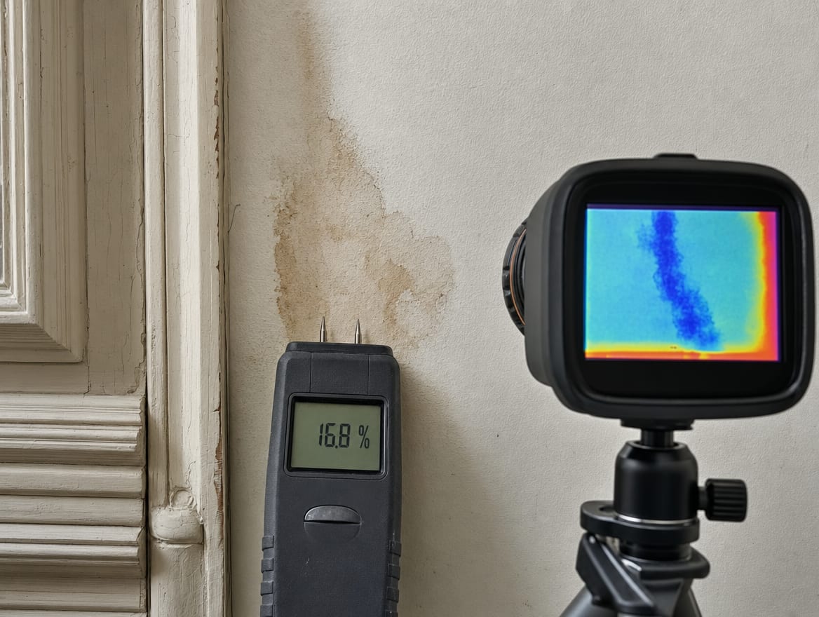 A moisture meter and a thermal imaging camera reading hidden moisture in a plaster wall in a historic Princeton home