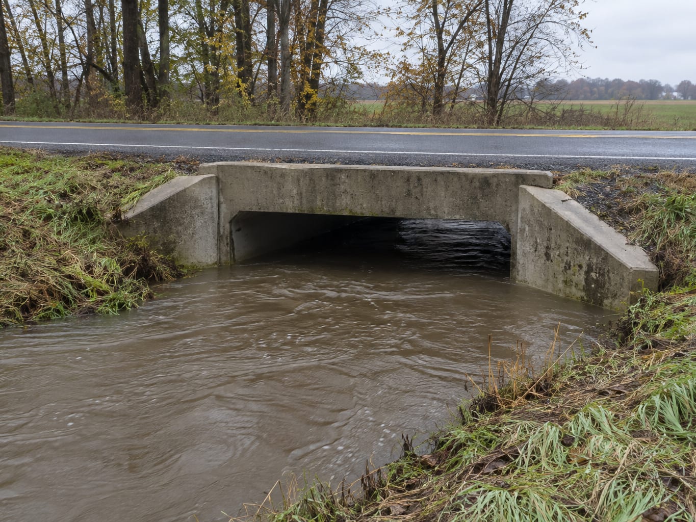 Small creek running through a low concrete culvert under a two-lane road in Robbinsville, New Jersey, with grass banks and a bare deciduous tree line