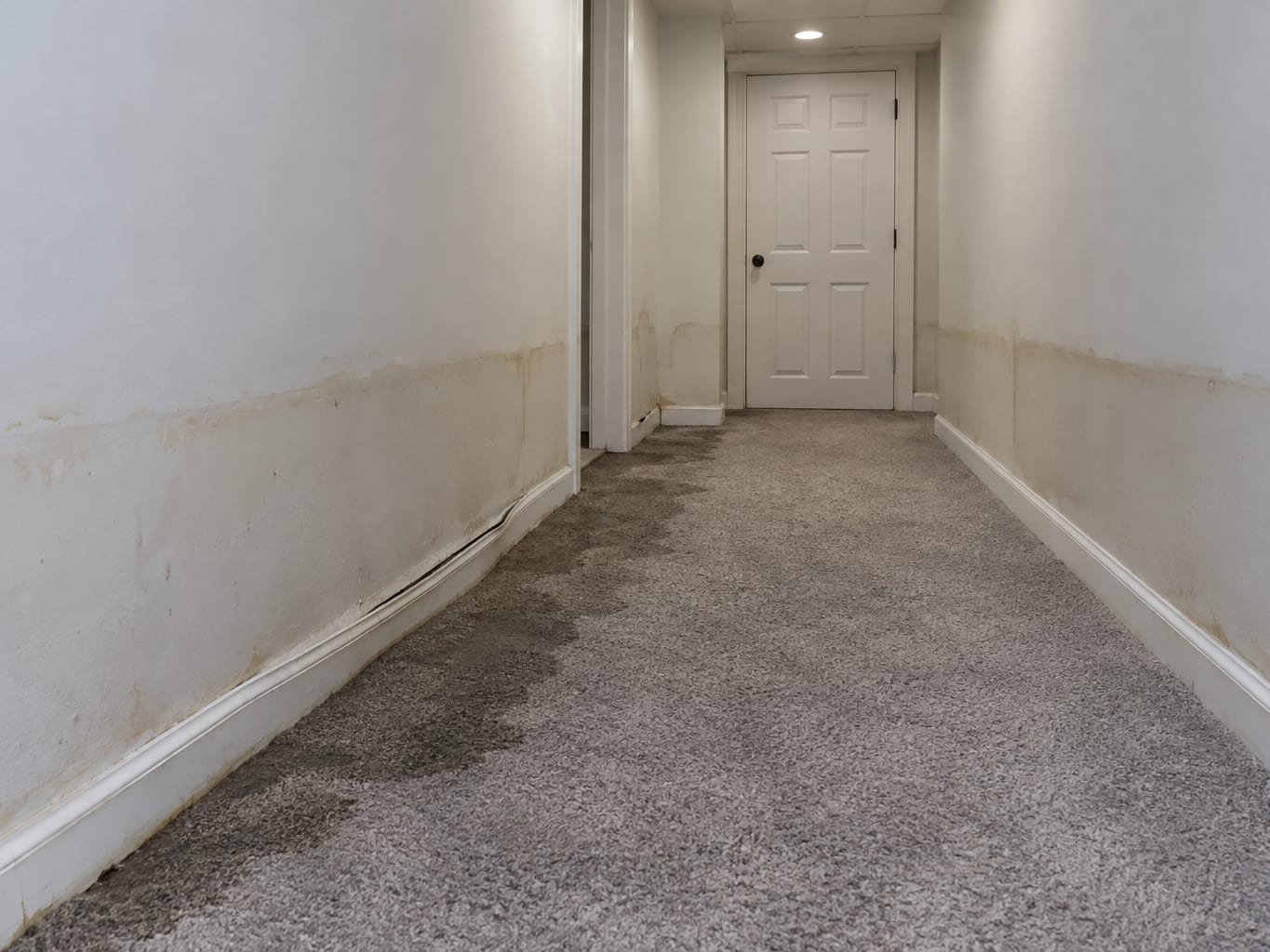 Lower-level hallway in a Robbinsville, New Jersey house with swollen baseboard, a waterline on the drywall and damp carpet left in place