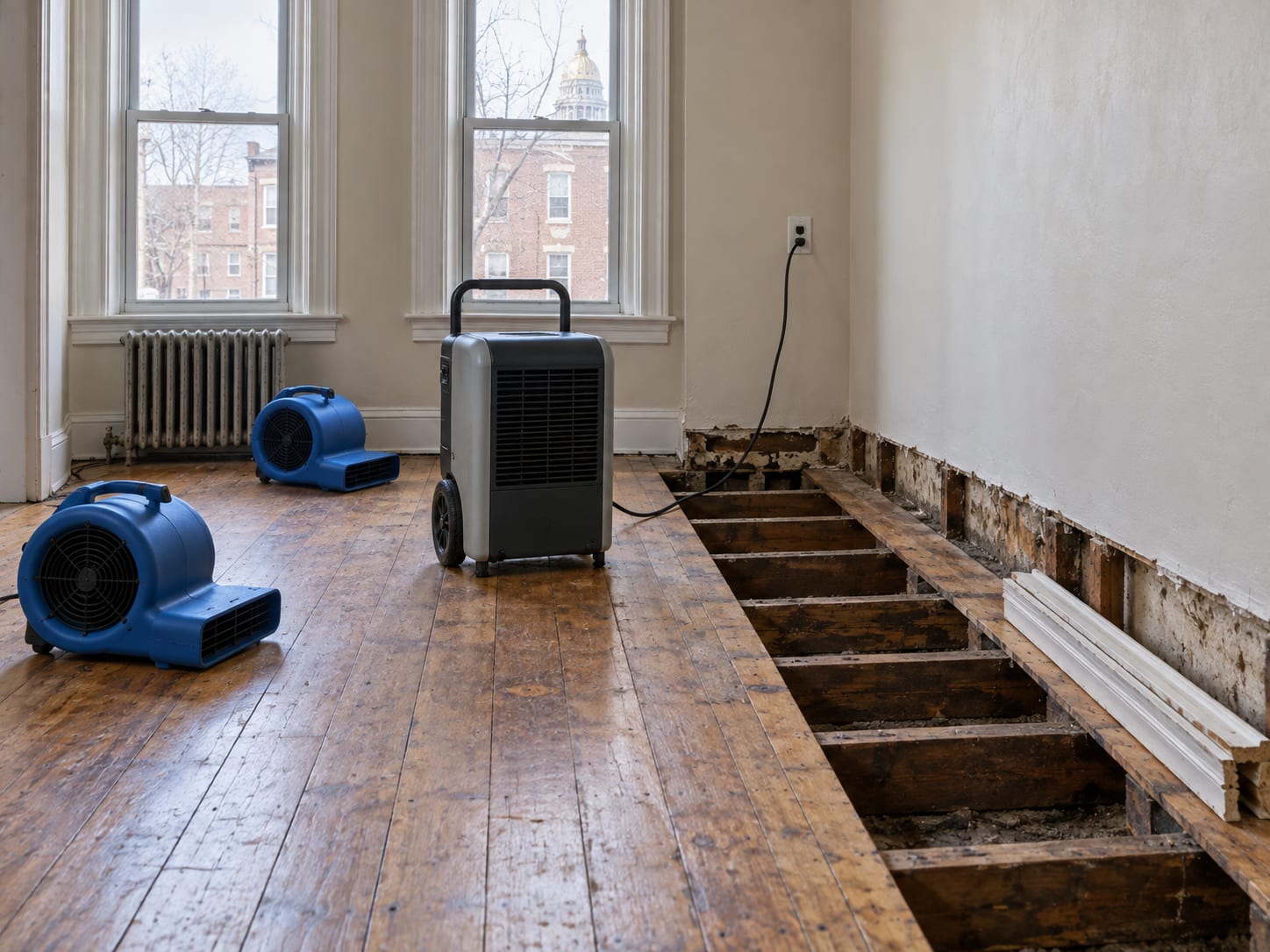 Air movers and a dehumidifier set up beside a plaster wall with the baseboard removed and floorboards lifted, in a rowhouse in Trenton, New Jersey