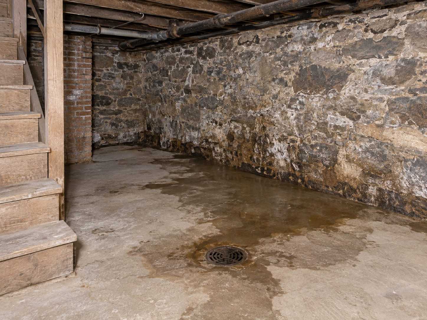A cast-iron floor drain with water spreading across a concrete cellar floor beside a fieldstone wall in Trenton, New Jersey