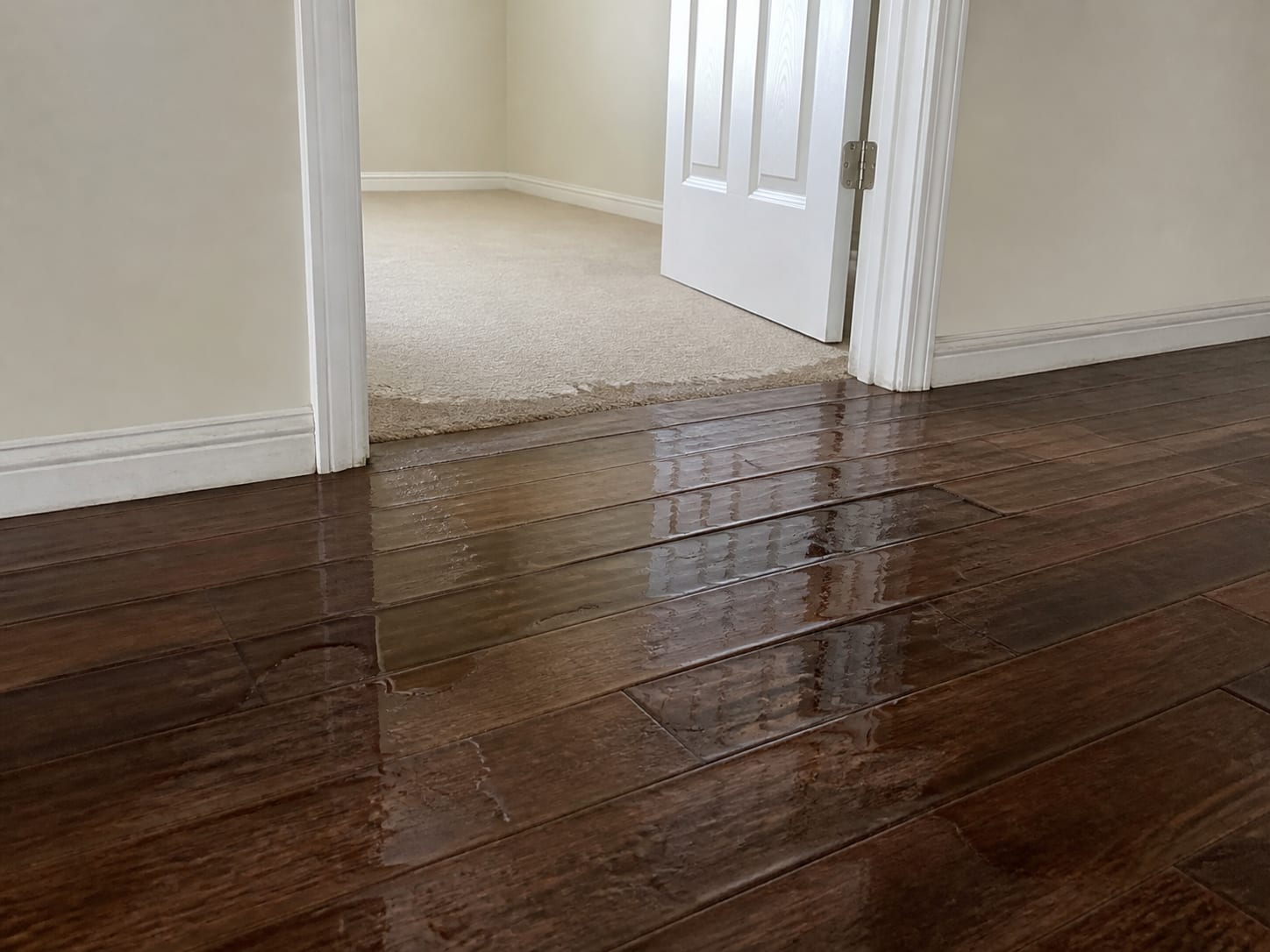 Water spreading across an engineered wood plank floor into an adjoining carpeted room in a West Windsor, New Jersey house, a dark waterline visible on the white painted skirting