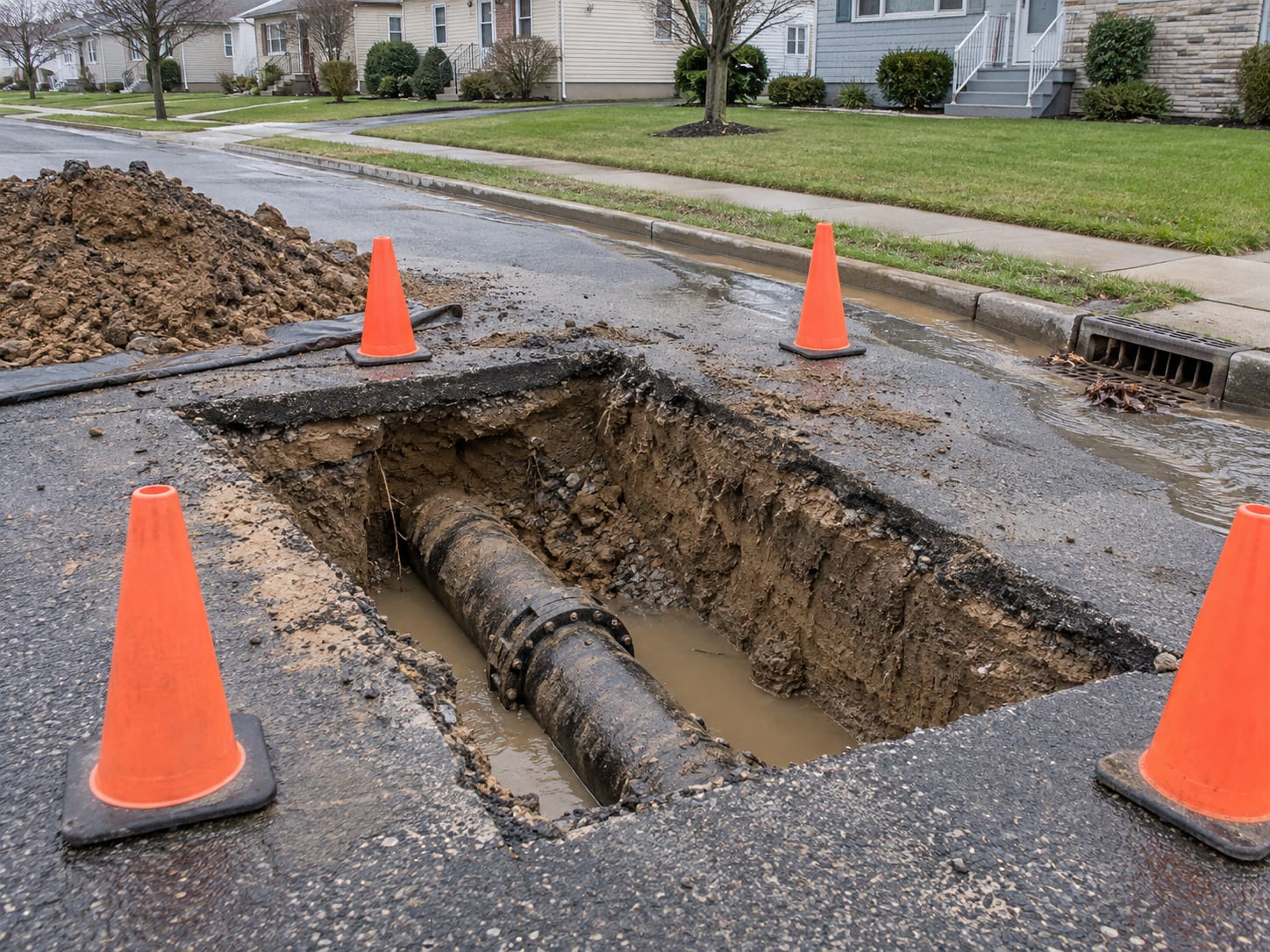 An excavated trench in a New Jersey residential street exposing a broken water main, with pooled water and orange safety cones around the opening
