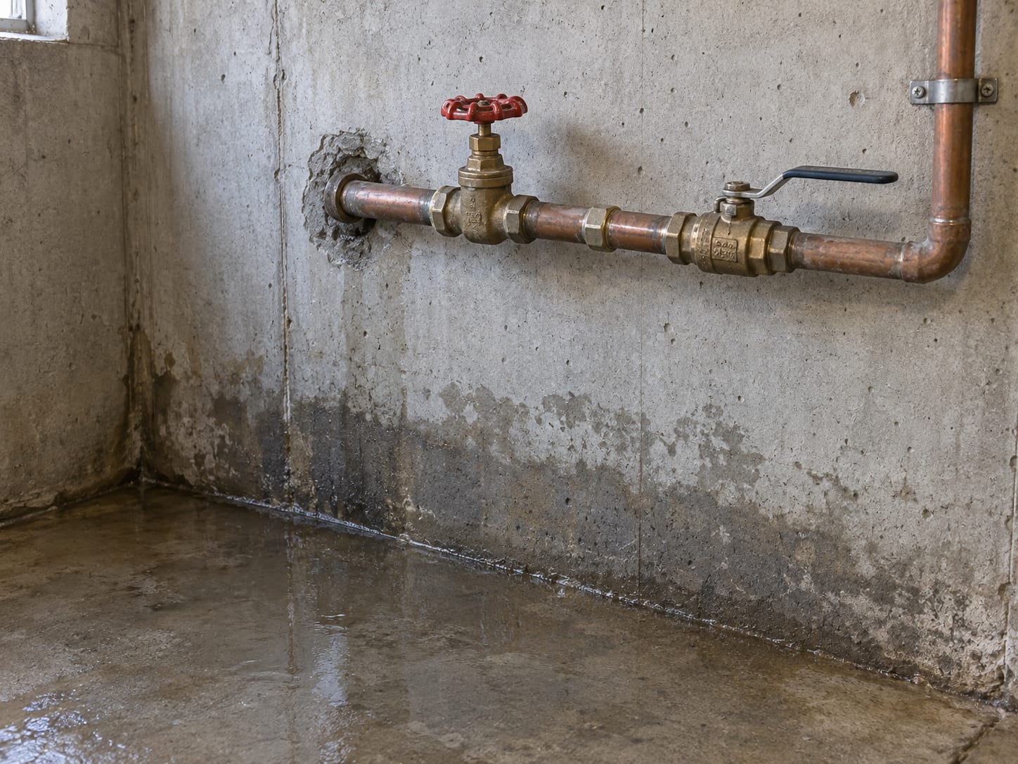 The main water shutoff valve on a copper supply line at a New Jersey basement foundation wall, reachable above a wet concrete floor