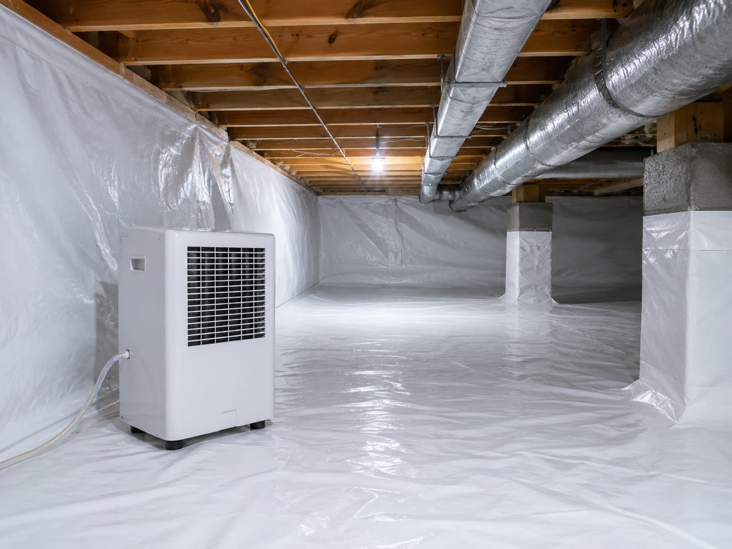 Standalone dehumidifier running in a clean, encapsulated crawl space with white vapor-barrier sheeting