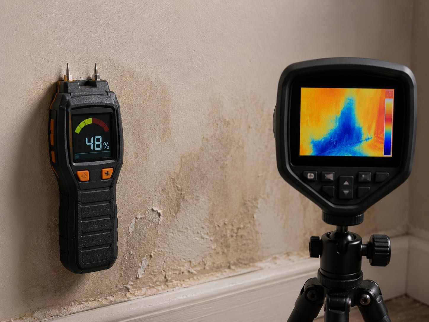 Moisture meter pressed to a wall beside a thermal imaging camera showing a cool moisture plume on its screen