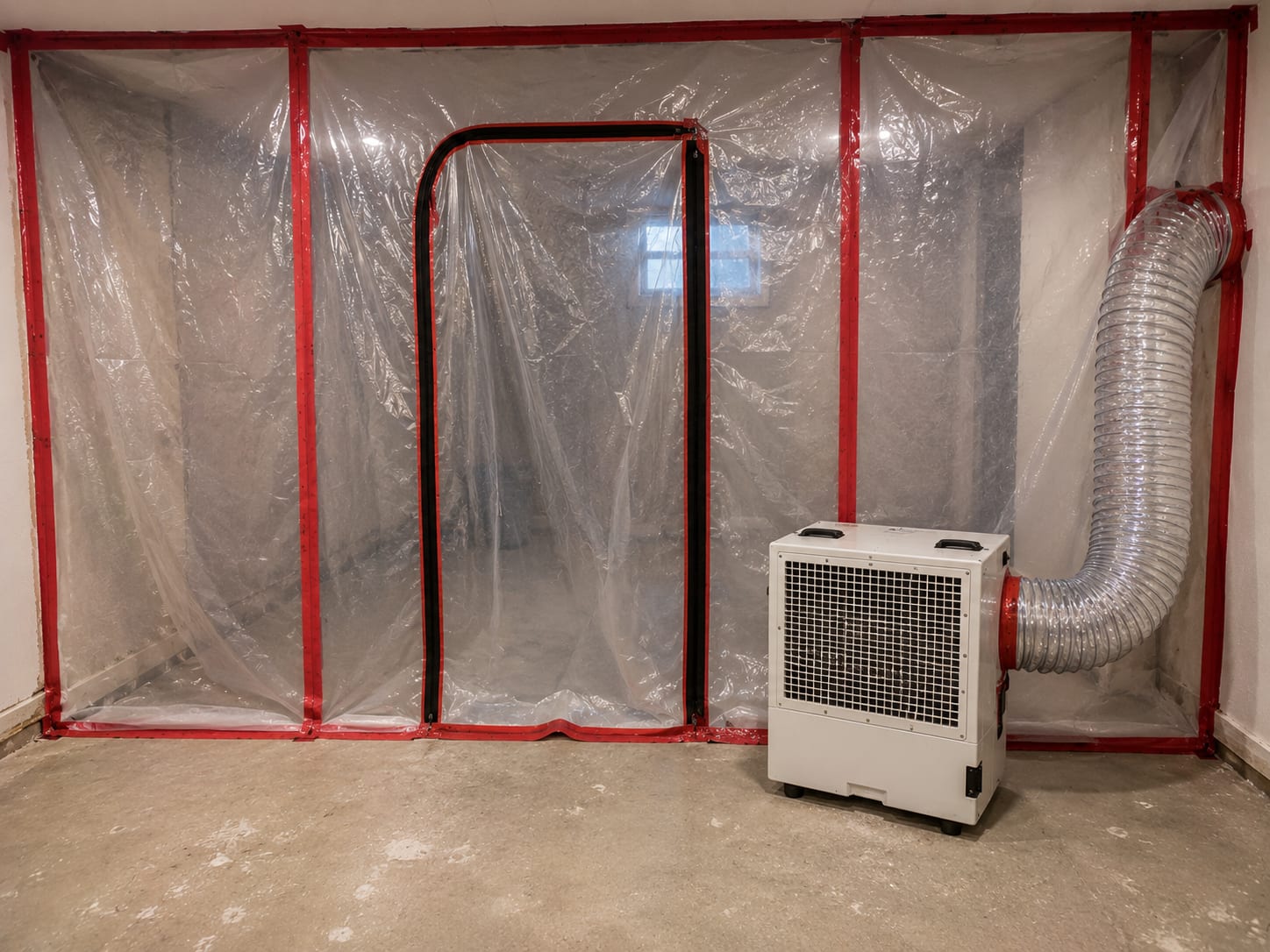 Sealed polyethylene containment barrier with a zipper door and a negative-air HEPA scrubber ducted through the opening