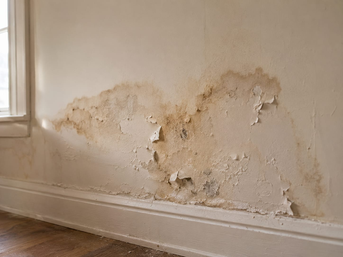 Water-stained interior wall with peeling paint indicating hidden moisture behind the drywall