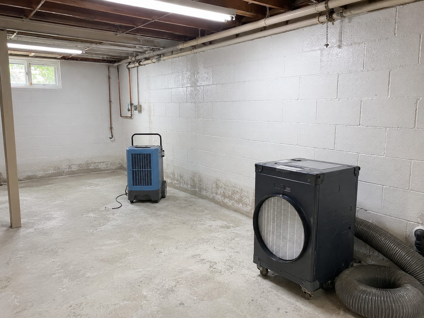 Remediated basement interior with clean white-painted block walls, industrial dehumidifier running, and HEPA air scrubber positioned on concrete floor under bright work lighting