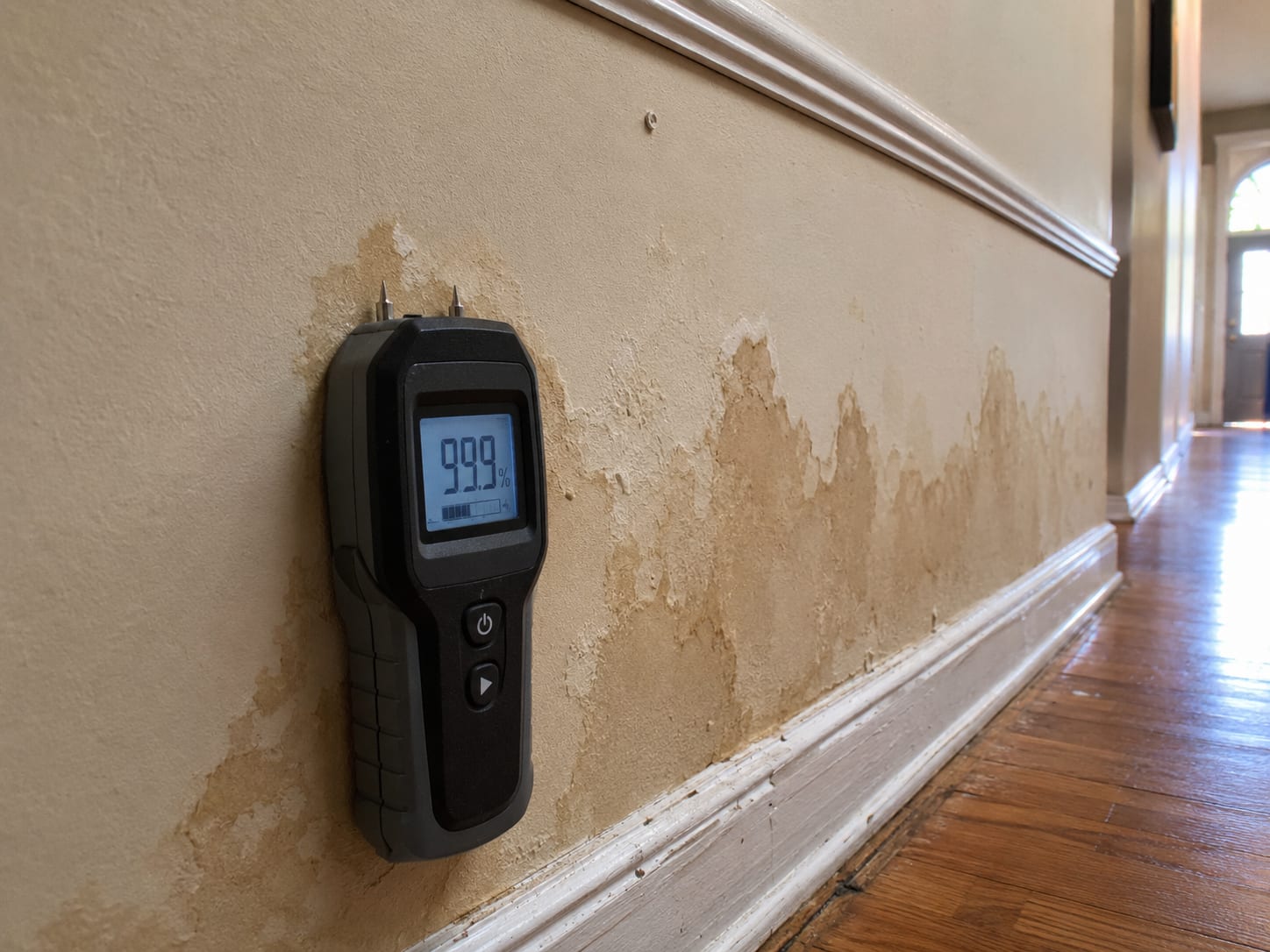 Handheld pin-type moisture meter pressed against water-stained drywall above a baseboard in a residential hallway, displaying a high moisture reading on its small digital screen