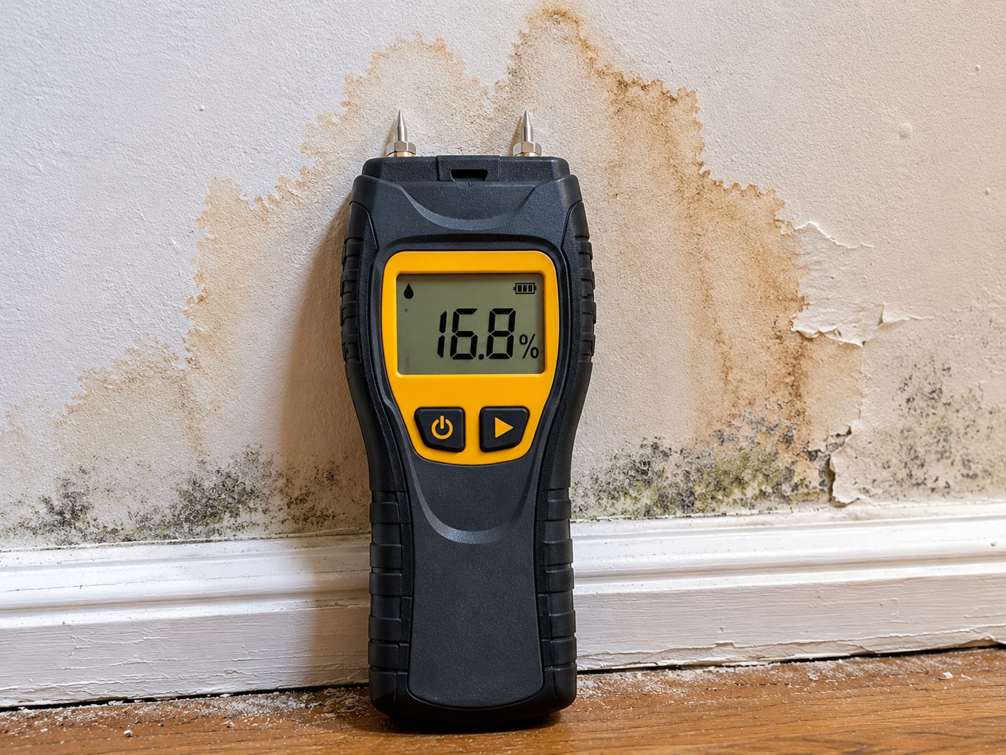 Close-up of a digital moisture meter pressed against a damp drywall surface in a New Jersey home interior, displaying a reading with visible discoloration on the wall surface nearby