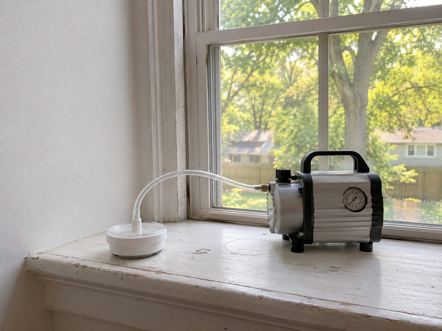 Air quality sampling cassette attached to a portable pump sitting on a clean windowsill in a New Jersey home interior, with clear tubing connecting the components and natural light from outside