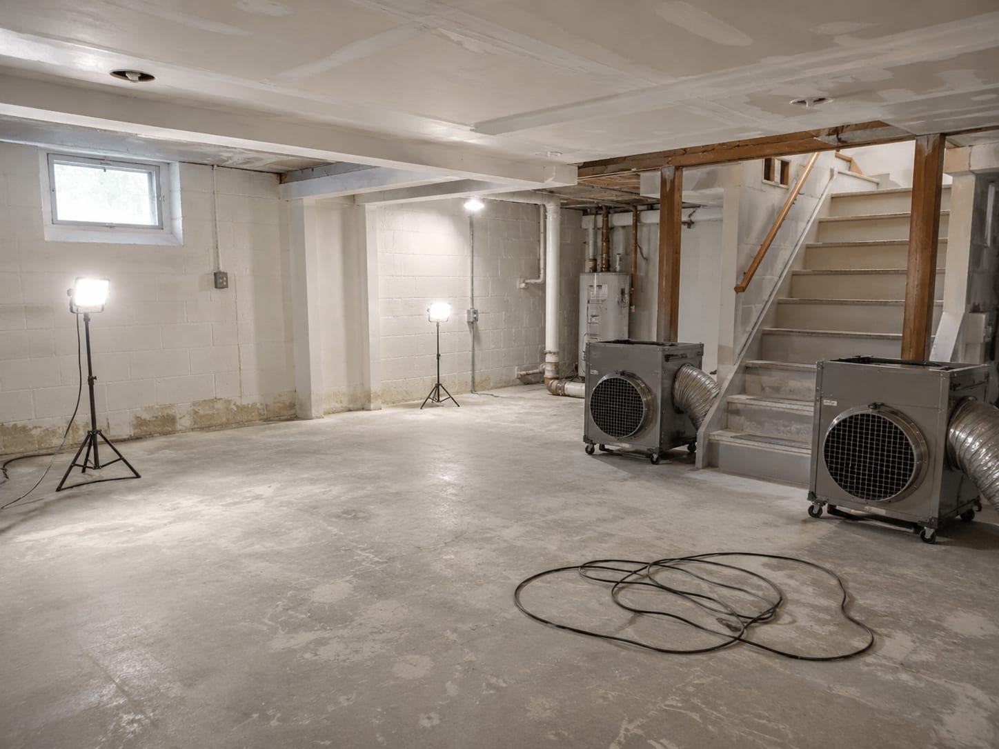 Clean finished basement in a New Jersey colonial home after professional mold remediation, showing bright treated walls, fresh drywall, and industrial air scrubbers staged near the exit
