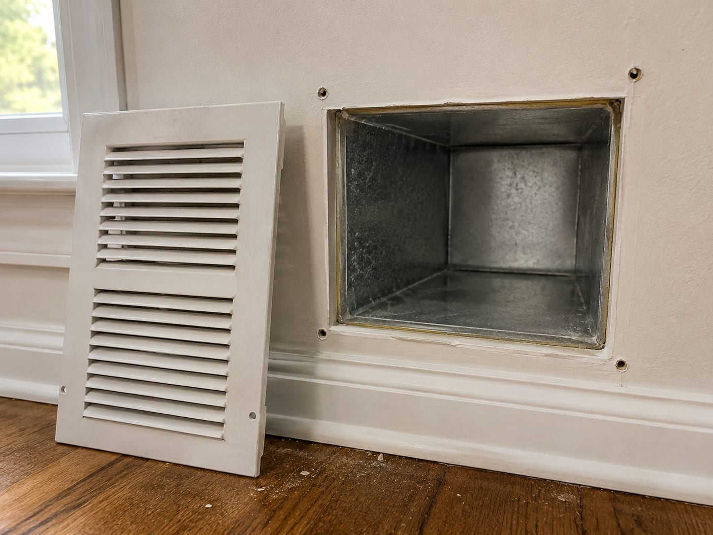 Close-up of a white painted wall-mounted supply air register removed from its opening, revealing the interior of a clean rectangular sheet metal duct run behind it