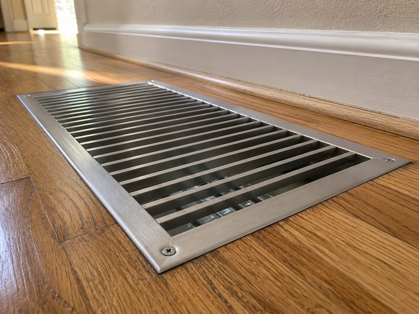 Ground-level close-up of a large floor-mounted return air vent grille reinstalled flush with hardwood flooring, its louvered metal surface clean and dust-free with soft daylight across the surface