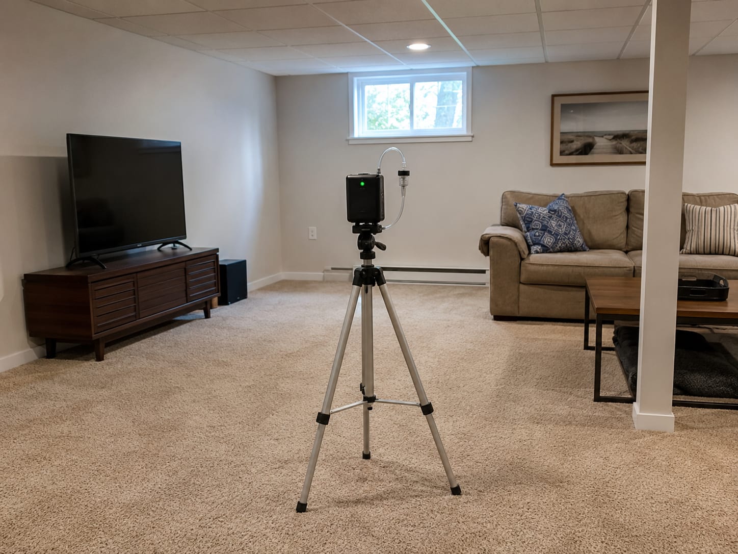 Air sampling pump and cassette mounted on tripod in finished New Jersey basement living area