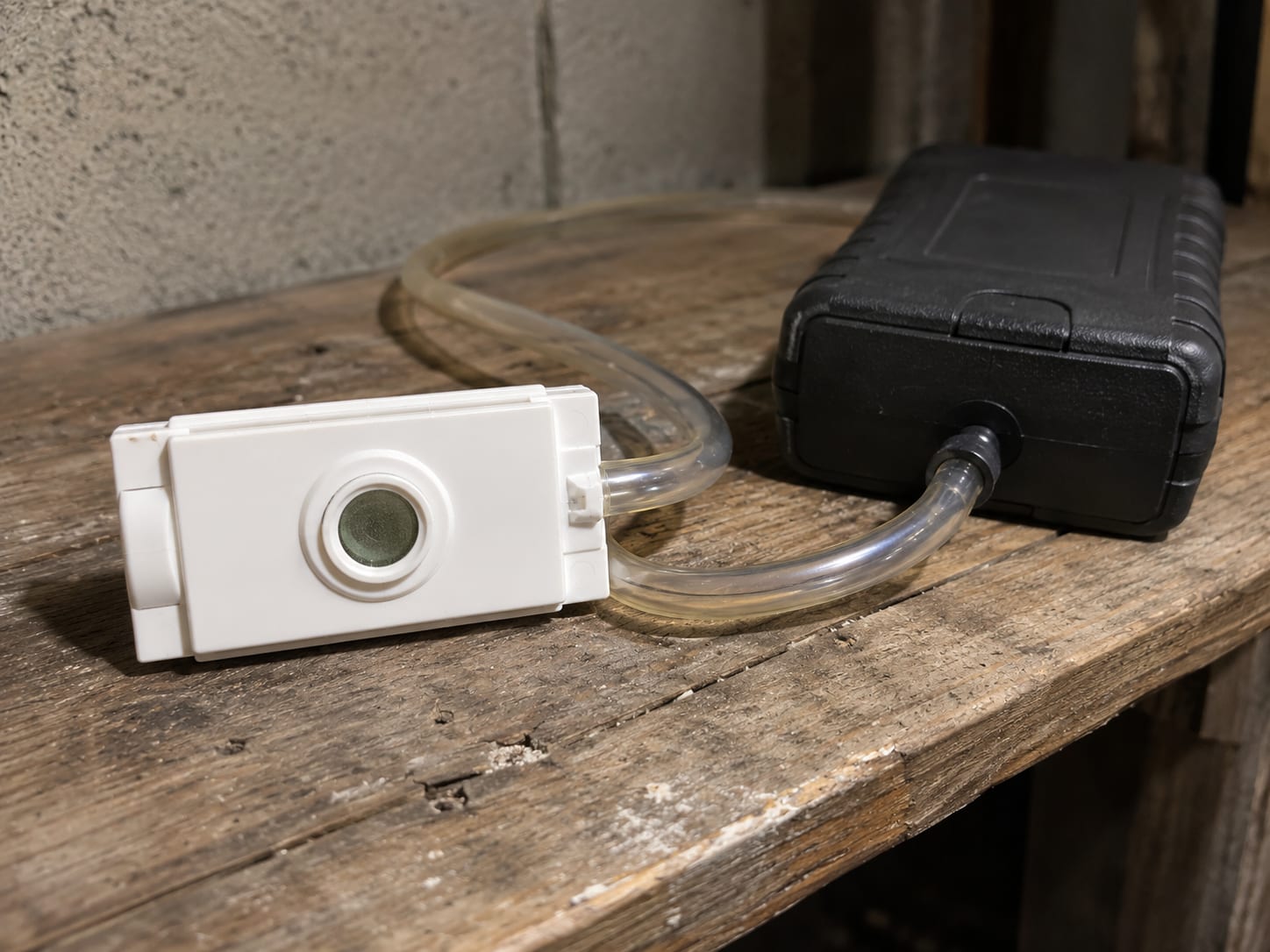 Close-up of a spore trap sampling cassette connected to a rubber tube and air pump on a wooden surface