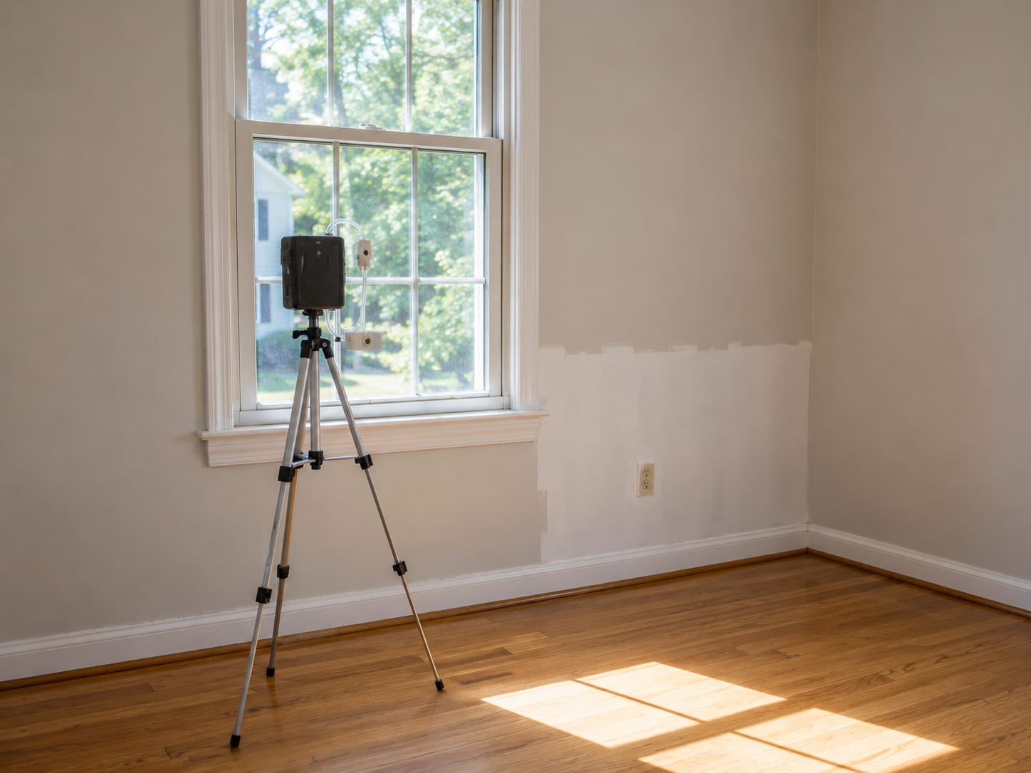 Air sampling pump on tripod positioned near a bedroom window in a freshly remediated New Jersey colonial home