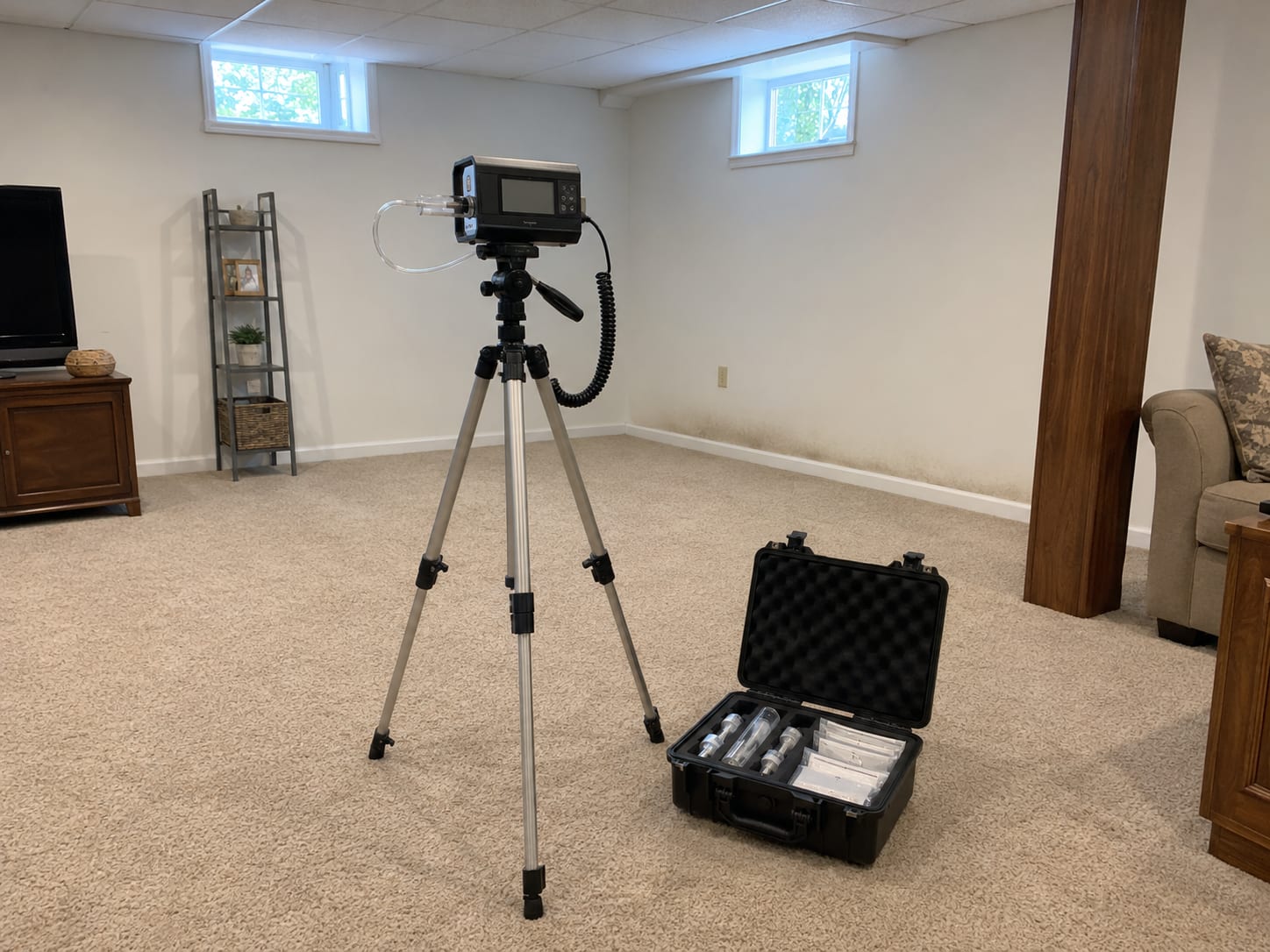 Air sampling pump on tripod stand positioned in a finished New Jersey basement with suspended ceiling tiles, neutral carpeting, and natural light entering from ground-level egress windows