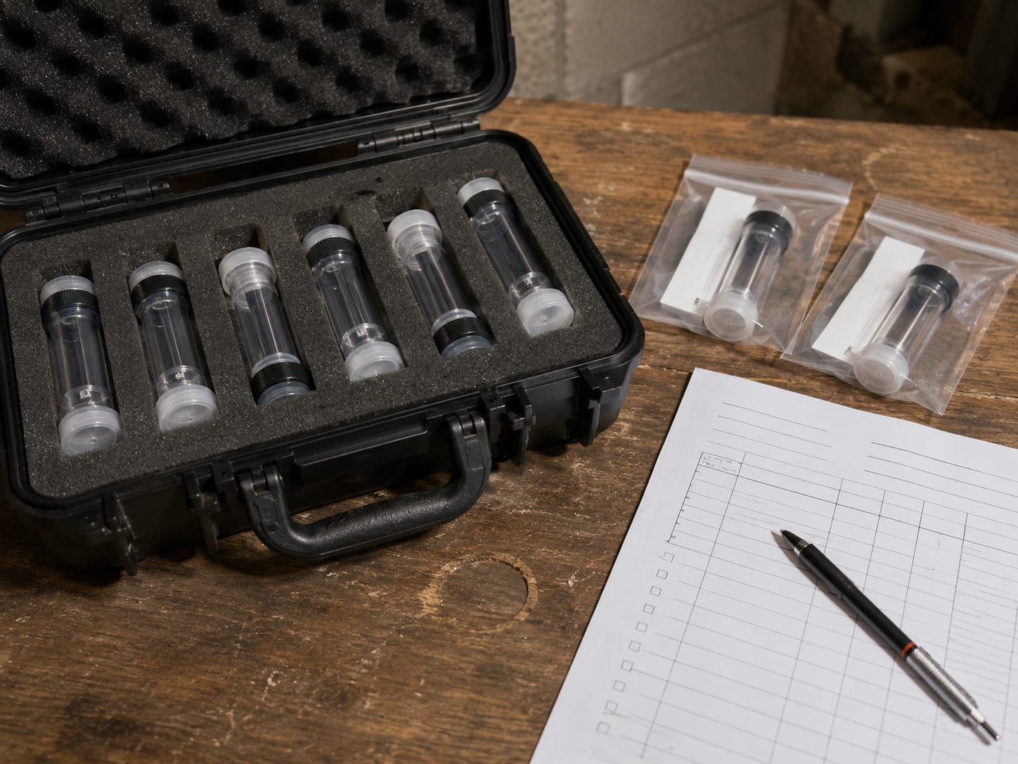Close-up of multiple sealed air sampling cassettes arranged in a foam-lined case alongside small labeled collection bags on a wooden table surface