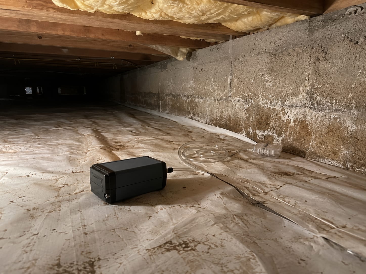 Compact air sampling pump with attached tubing resting on a crawl space vapor barrier beside a moisture-stained concrete footing in a New Jersey home