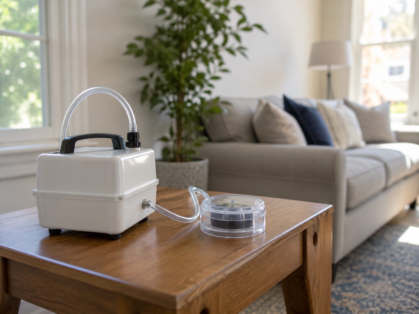 A compact air-sampling pump and sealed spore-trap cassette resting on a side table in a clean, bright New Jersey living room with soft daylight from a nearby window