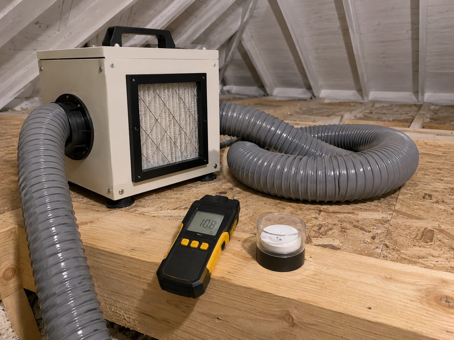 HEPA negative air machine with ribbed gray exhaust hose positioned on attic floor joists beside a digital moisture meter and air sampling cassette on a clean treated surface