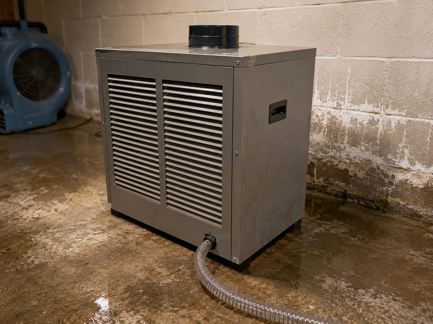 Close-up of a large industrial dehumidifier with a clear drainage hose on a damp concrete basement floor showing moisture collection in active operation