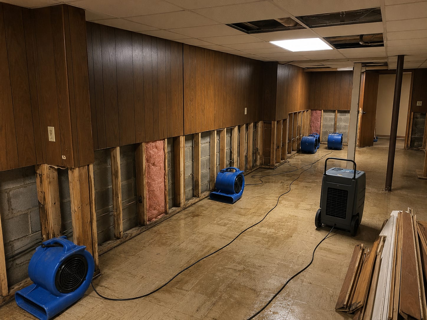 Wide view of a partially finished basement with wood-panel walls partially removed showing air movers positioned at wall bases and a dehumidifier running during structural drying