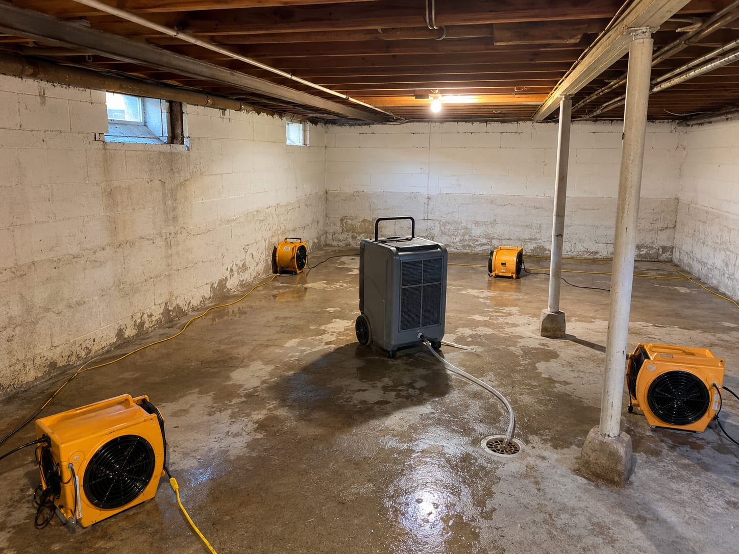 Unfinished basement interior with industrial dehumidifiers and air movers running on a concrete floor during active water damage drying process