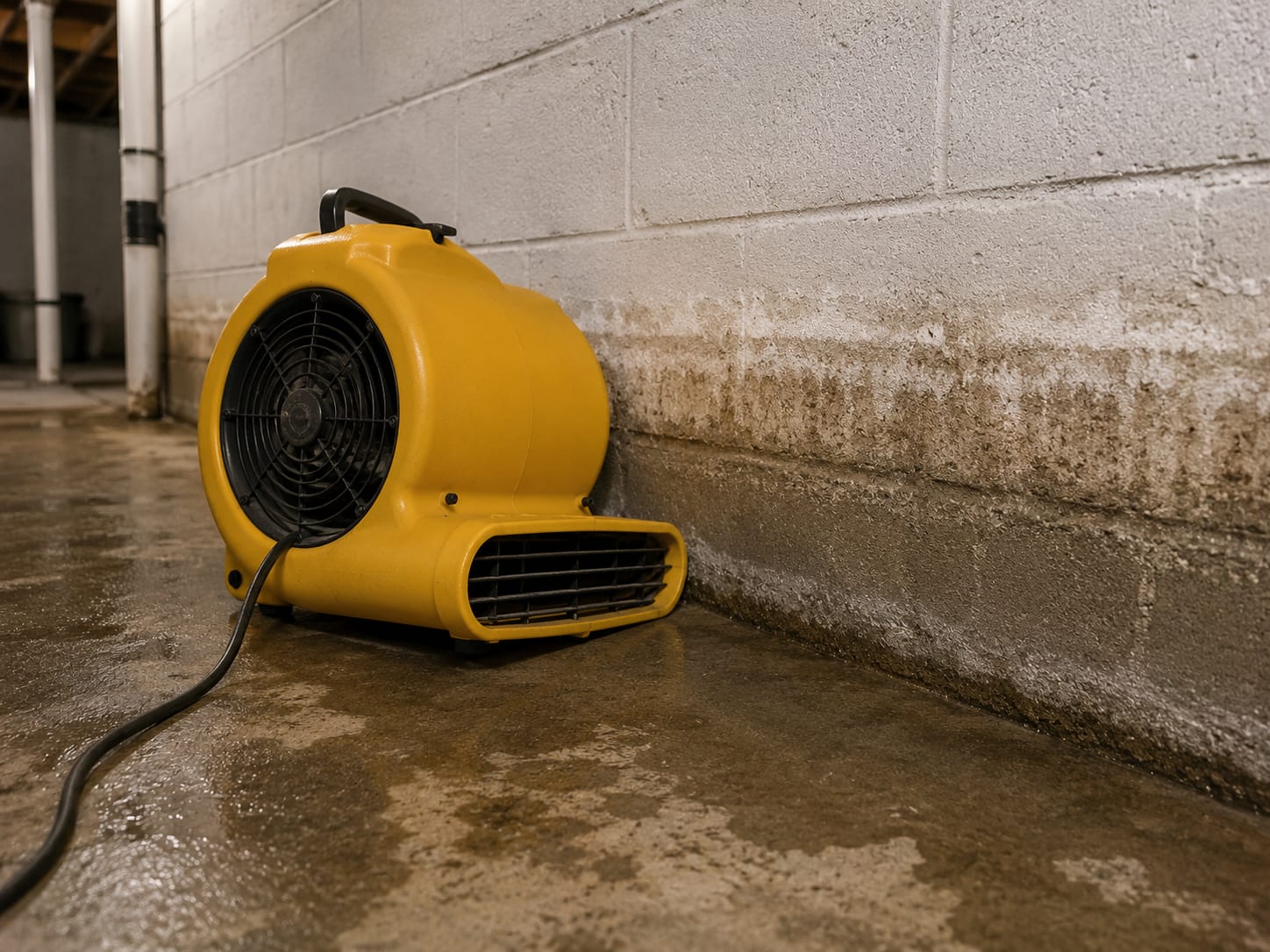 Yellow commercial air mover positioned at the base of a water-stained concrete block basement wall directing airflow along the floor surface during drying