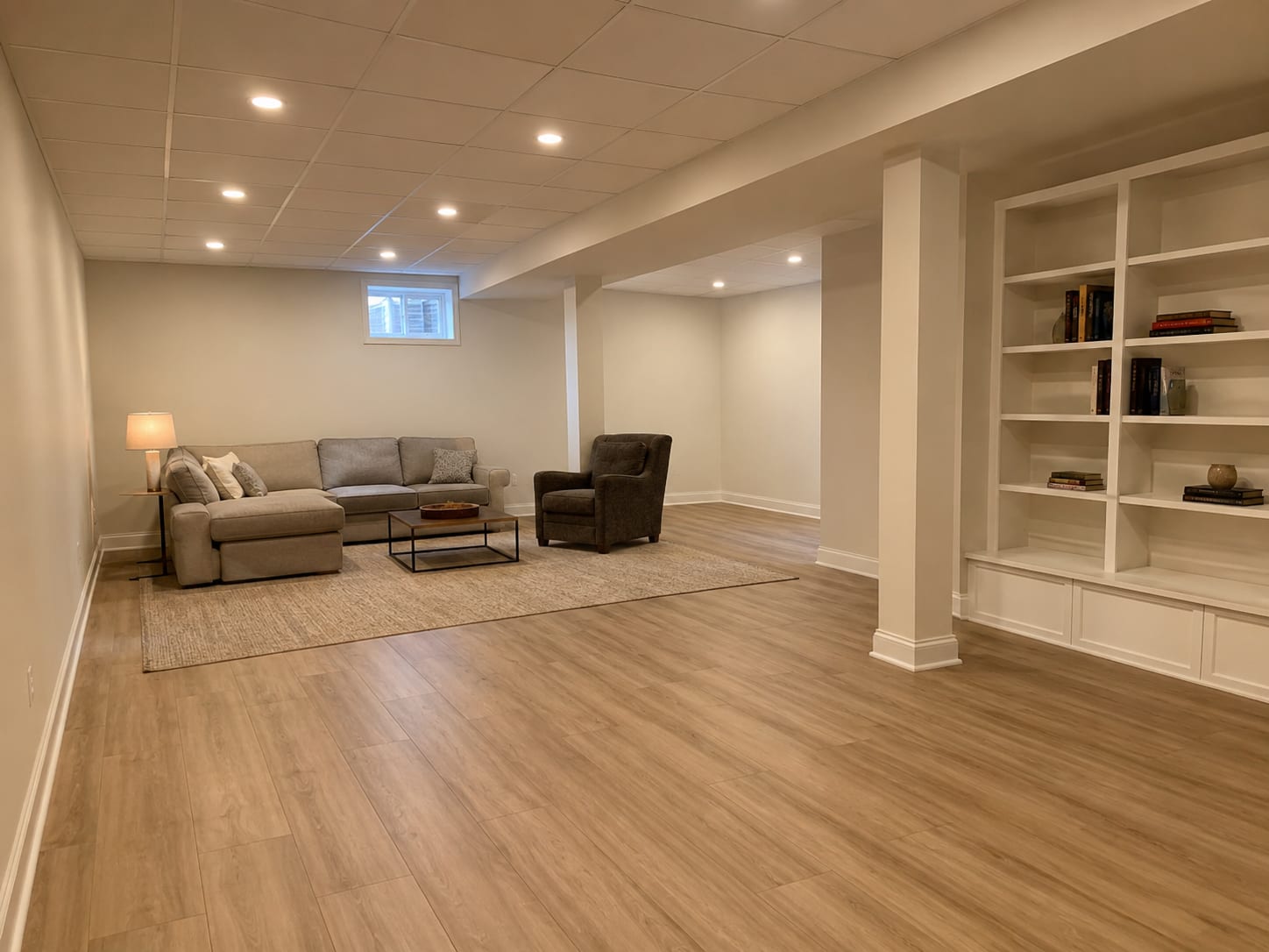 Freshly finished basement with recessed lighting, painted drywall, and luxury vinyl plank flooring in a New Jersey home