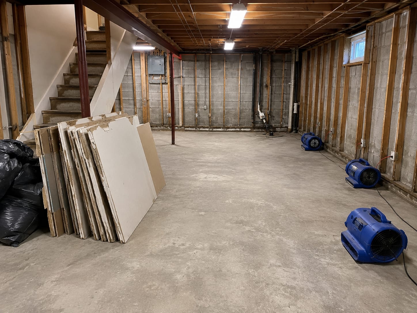 Gutted basement interior with removed drywall panels stacked against the wall and exposed concrete block foundation ready for remediation